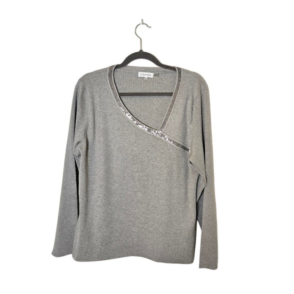 Calvin Klein Womens NWOT Sequin Sweater Size Large Gray Preppy Quiet Luxury